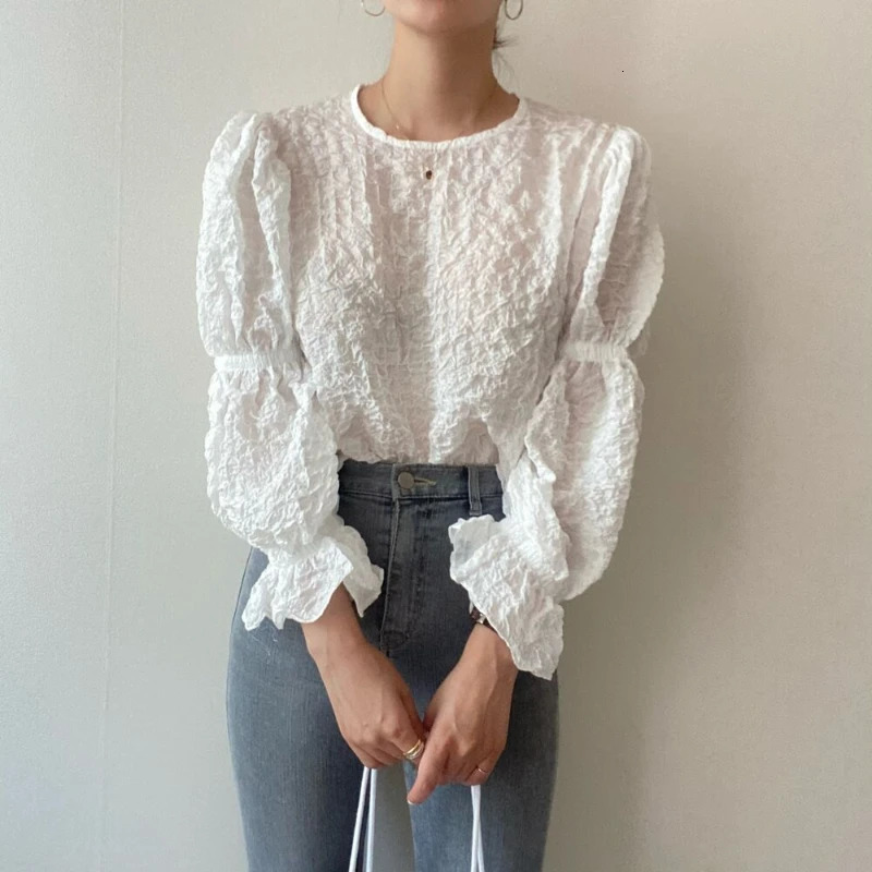 REALEFT Spring Summer Lantern Sleeve Womens Blouses Long Oneck Puff Casual White Shirts for Women 250514