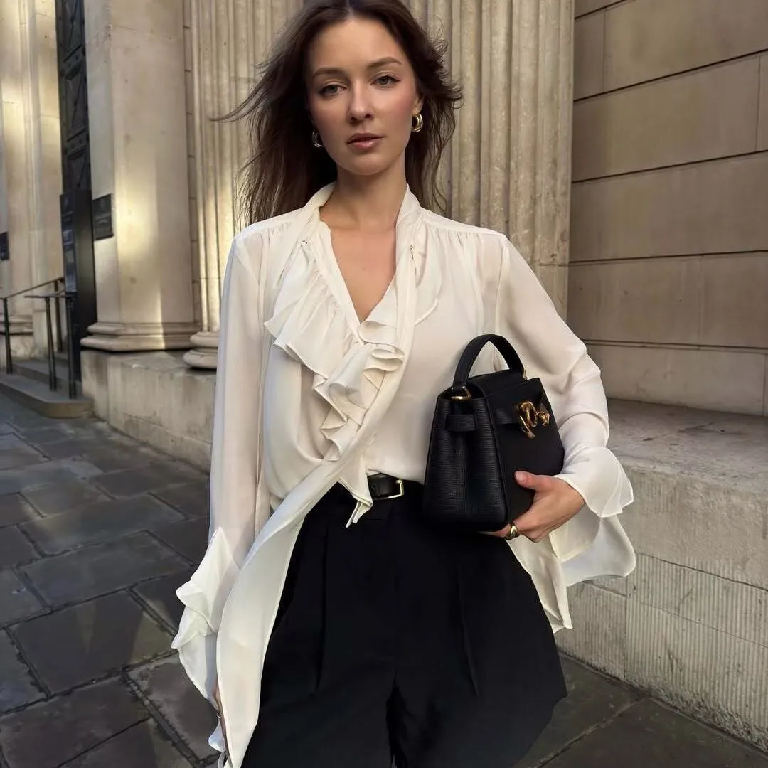 BSK TRAF Summer Womens Fashion Casual Leisure Ruffled Neckline Laceup Top Temperament Elegant Chiffon Shirt 250514