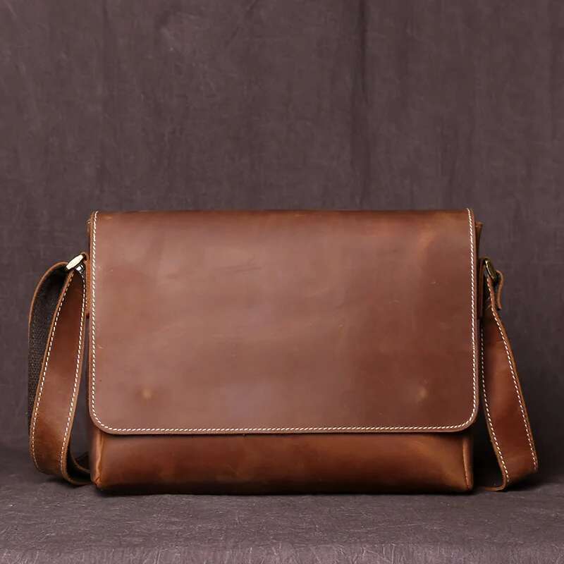 NZPJ Men's Retro Shoulder Crazy-Horse Horizontal Crossbody Bag Top Layer Leather Casual Ipad Bad