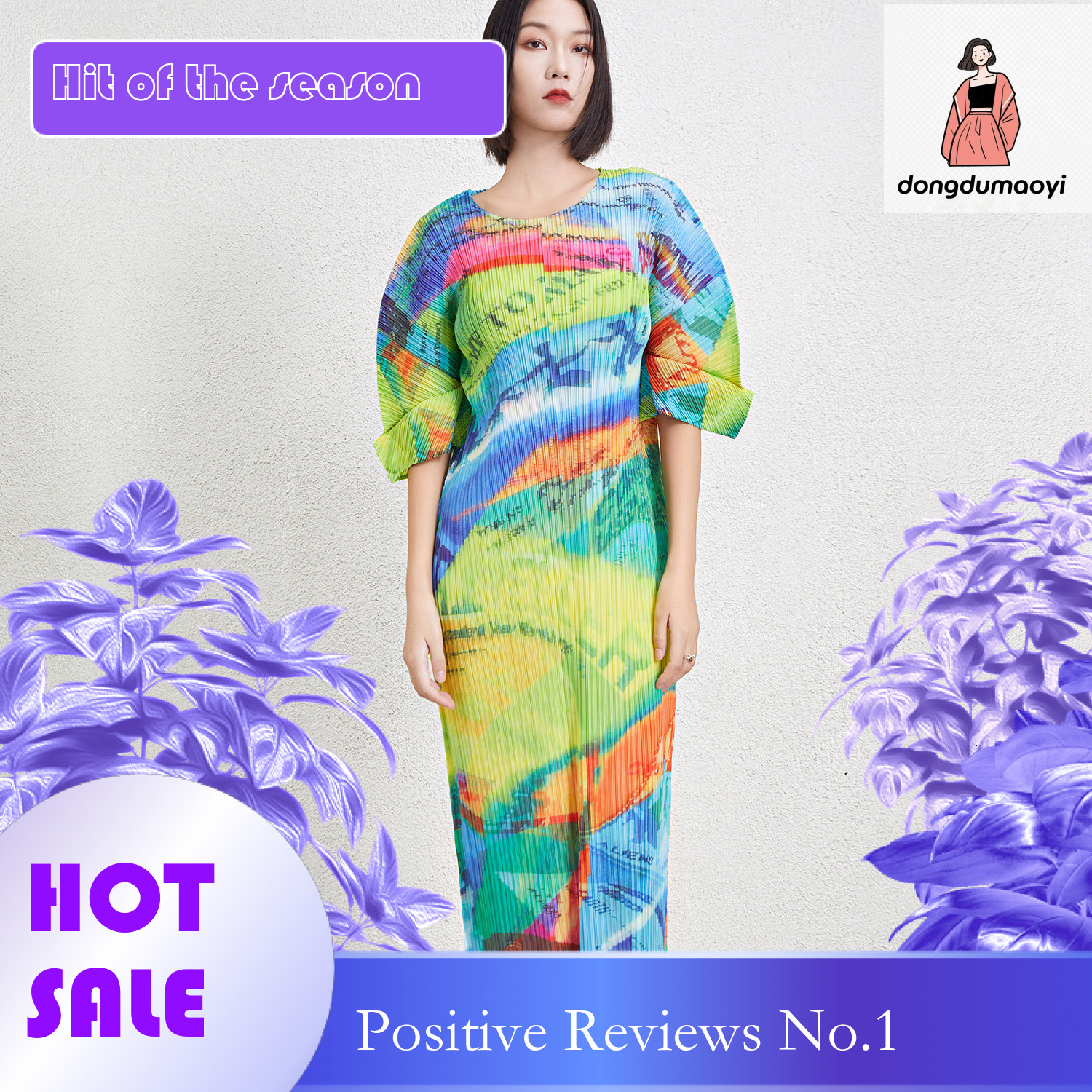 dongdumaoyi Miyake Pingti Spring and Autumn July New Collection Wrinkle Printed Round Neck Short sleeved Dress PP JH
