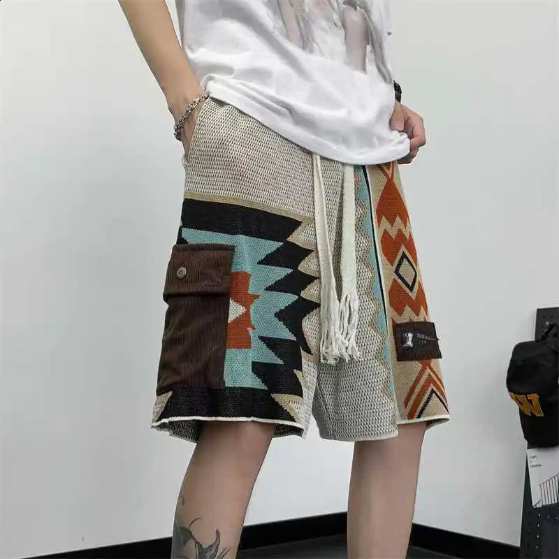 American Vintage Patchwork Knit Shorts For Men Navajo Embroidery Geometric Knitting Short Pant Summer Oversize Loose Shorts Fat 250513