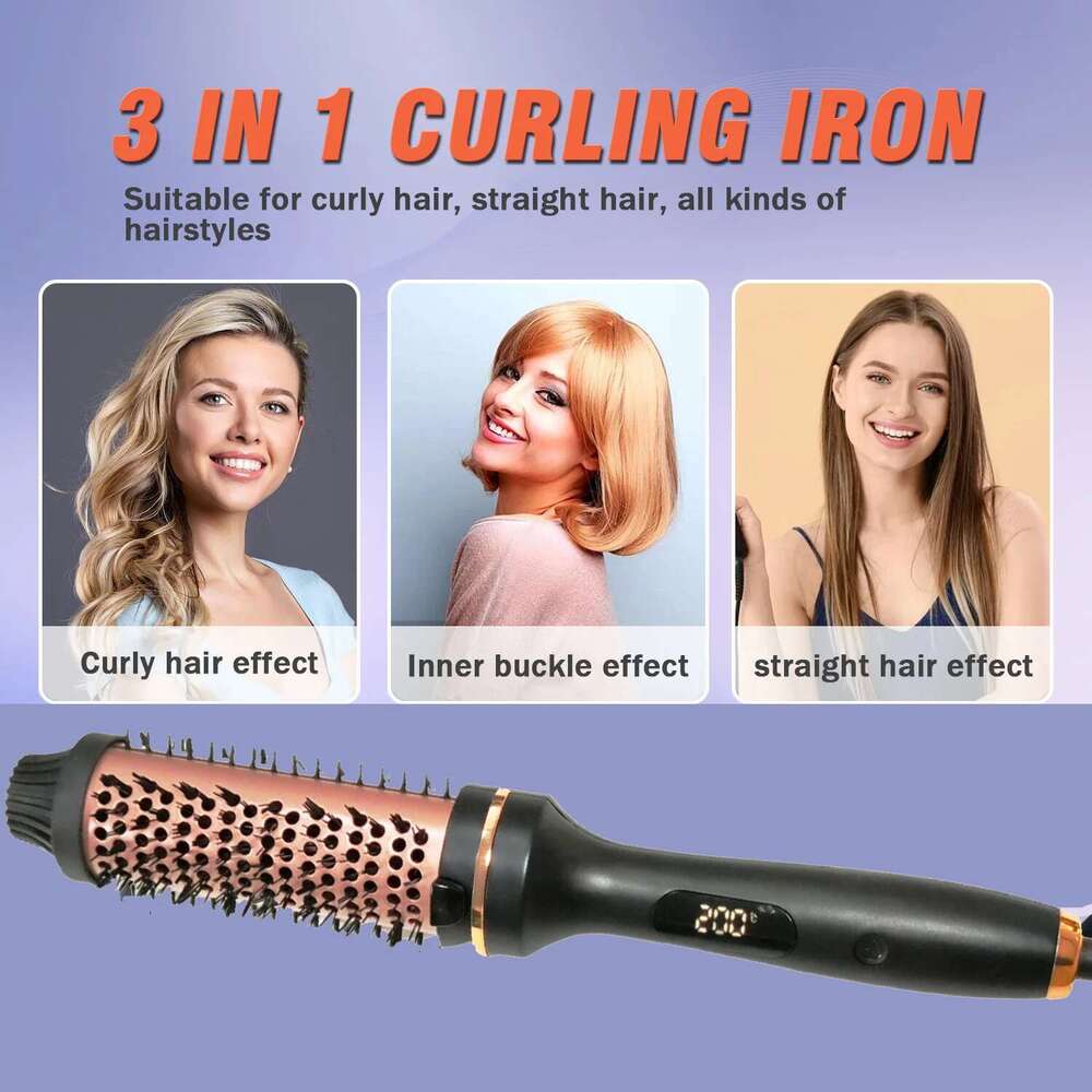 Rotating Heat Hot Comb 450F Round 2 in 1 Hair Curler Straightener Brush Women Gift