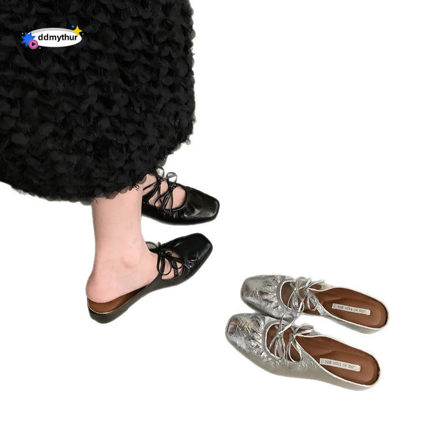Inner height butterfly bow silver toe cap half drag women's shoes fashionable outer wear 2025 new summer Mary Jane sandals ddmythur