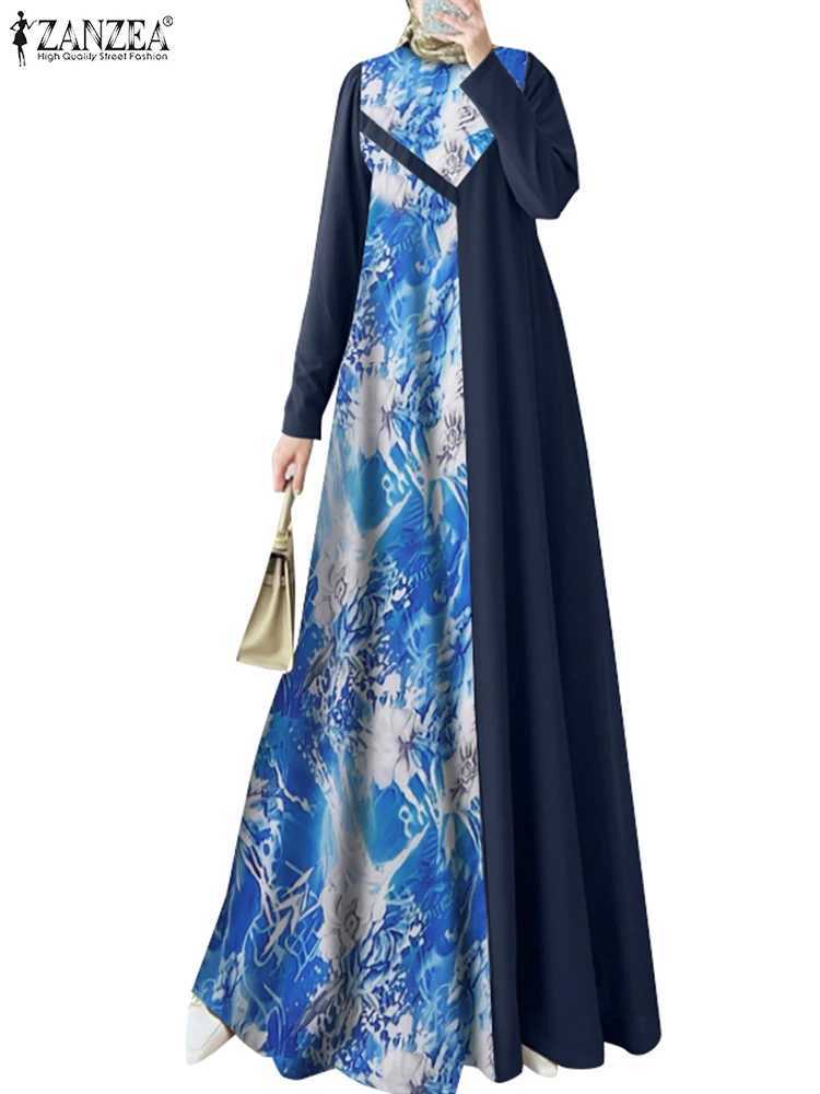 ZANZEA Women Muslim Fashion Floral Printed Patchwork Long Dresses Elegant Islamic Hijab O Neck Abaya Robes Long Slve Vestidos X250514
