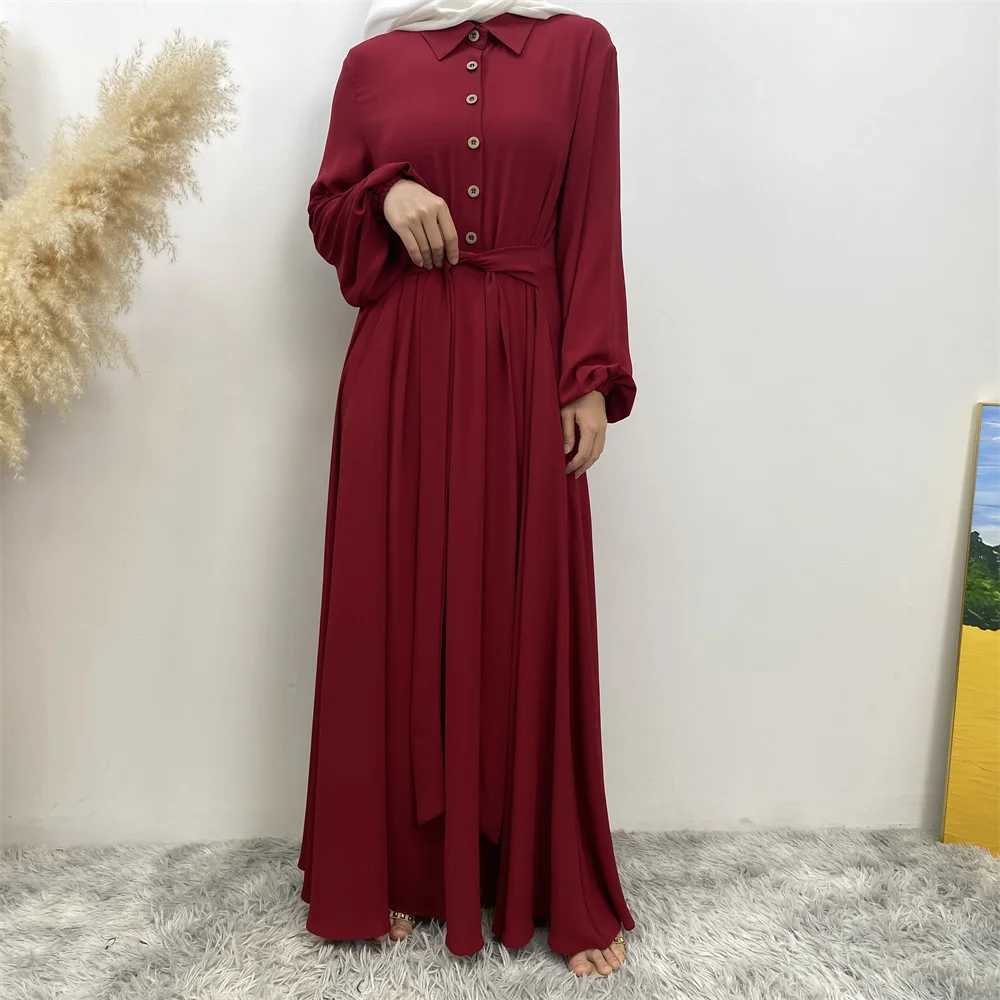 Muslim women summer hot sale chiffon dress Middle East Dubai Turkey solid color loose button elegant temperament dress with pock X250514