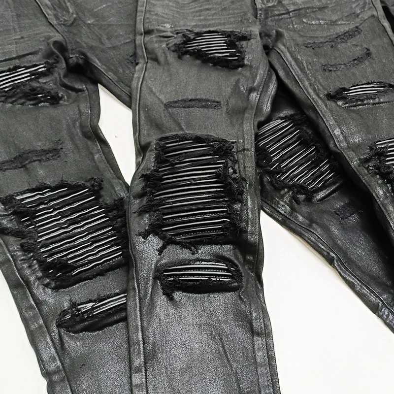 Owen Seak Mens Oil wax Jeans Cotton Denim Slim Autumn Hole Pencil Trousers Designer luxury Pants X250514