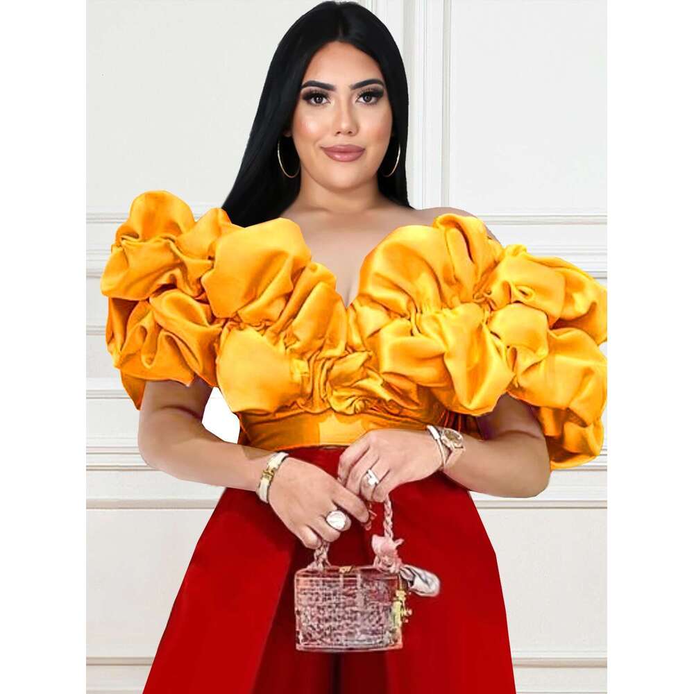 Trendy Yellow Ruffle Off Shoulder Mini Blouse Elegant Stylish African Female Top Party Date Out Ocn Fashion Plus Size