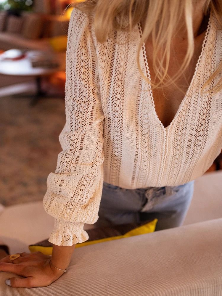 Ladies Soft Solid Color Base VNeck Lace Fashionable Lantern Sleeve Shirt Elegantly Showcases Womens Taste 250514