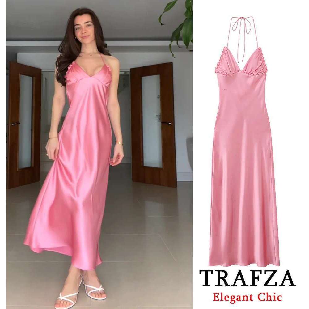 TRAFZA Women Elegant Satin Suspender Pink Backless Slim New 2025 Fashion Summer Holidays Dinner Date Sexy Dress