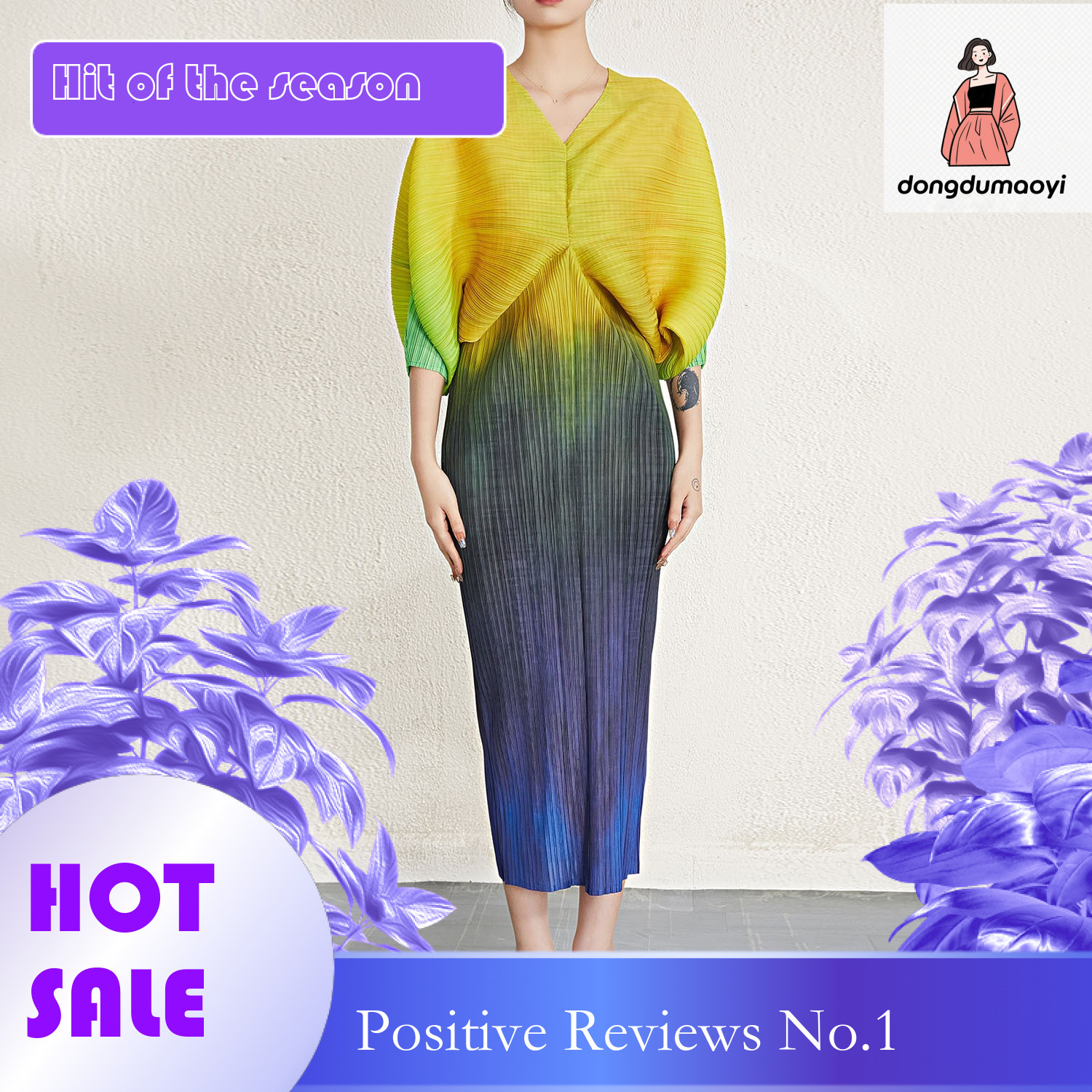dongdumaoyi new autumn French tie dye printed batball sleeve V neck with high end irregular dress for women