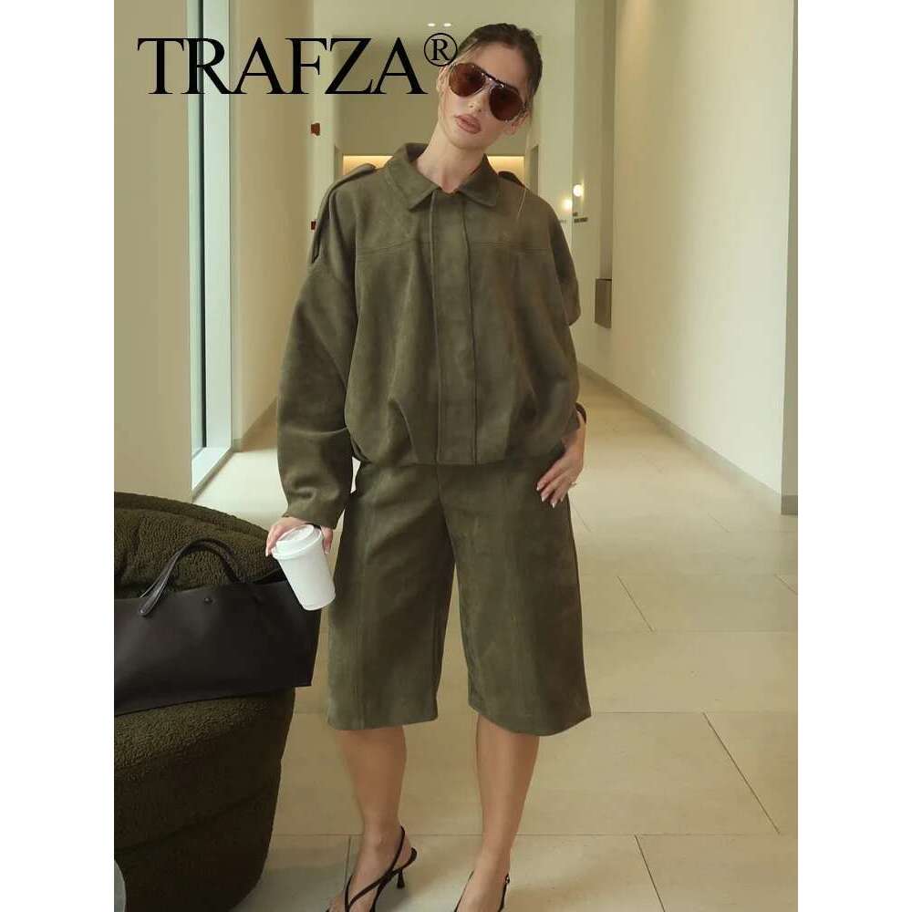 TRAFZA Fashion Women's Soft Leather Jackets Shorts Set Zipper Bomber Jacket+Summer Pocket Suede Texture Short Pants