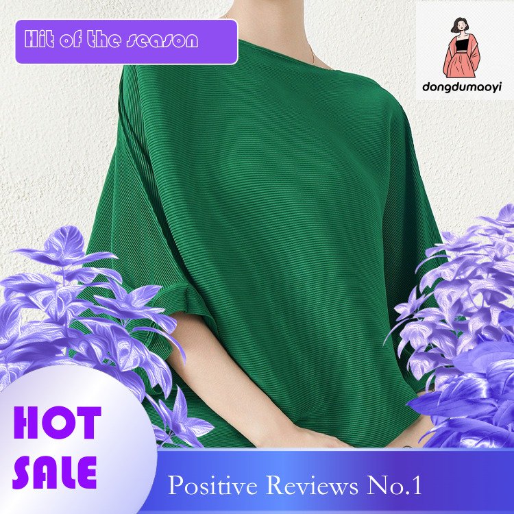 dongdumaoyi Miyake plus bat top for women, new round neck loose design, pleated nine quarter sleeve T-shirt