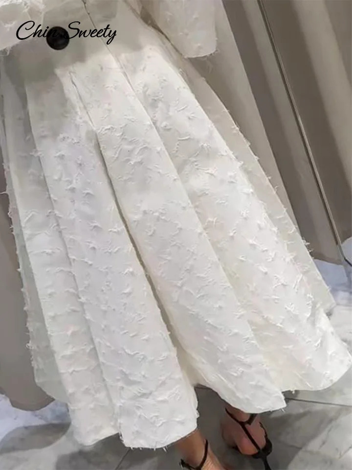 Elegant Tassel Shirt Skirt Set Women White Lapel Long Sleeve Top High Waist Pleated Maxi Skirts Suits Summer Lady Outfits 250514