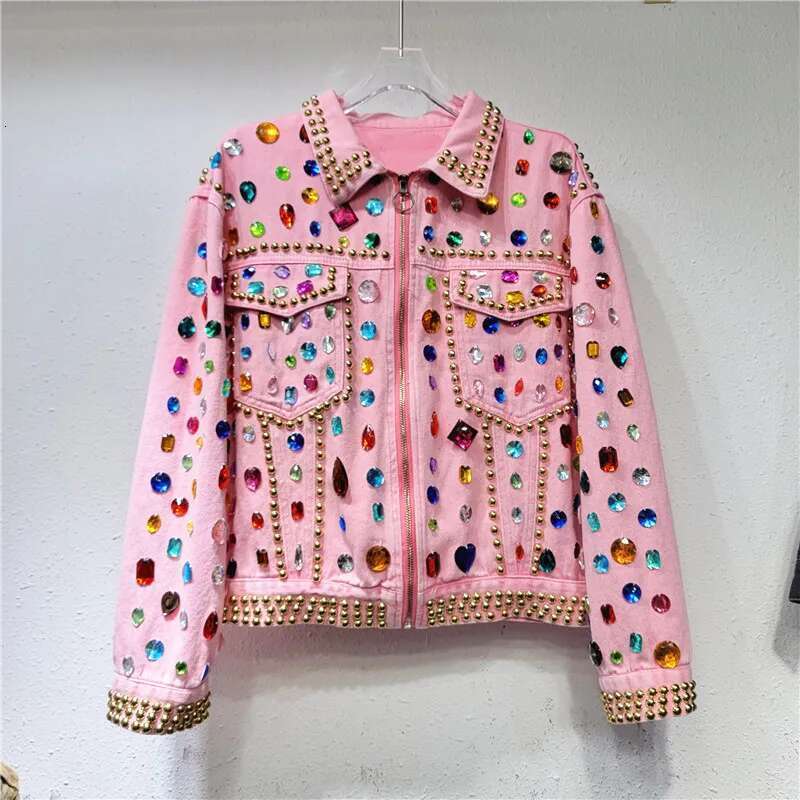 Women Rainbow Dias Beaded Pink Denim Coat Loose Rhinestones Jeans Jacket Long Sleeve Crystal Cowboy Cardigan Rivets Tops
