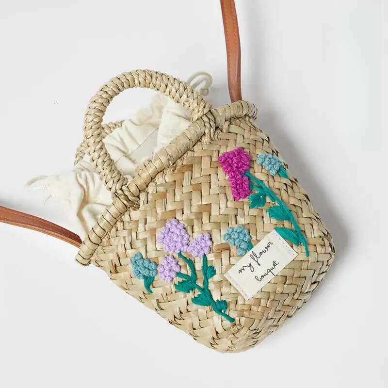 Floral Embroidered Straw For Girls Cute Mini Top-Handle Handbags Summer Fashion Beach Shoulder Bag Bohemian Messenger Purse