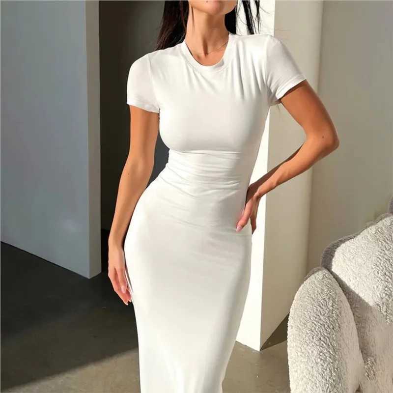 2024 Womens Temperament Slim Short Sleeve Dress Solid Color Casual Pullover Summer Long Dress Tight Sexy Daily DressXJ250514