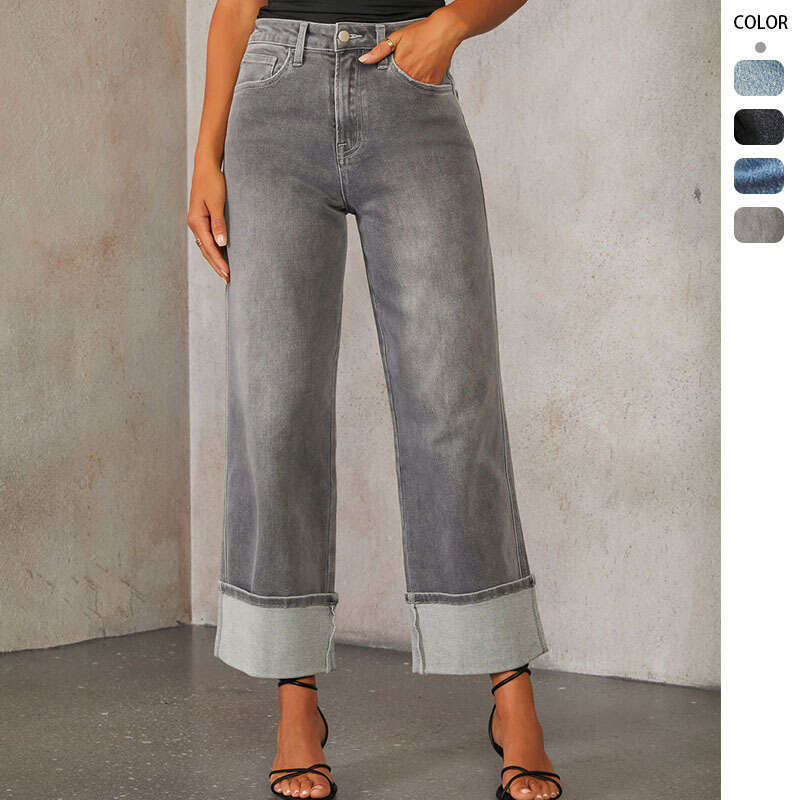 2025 Spring New Elastic Straight Leg Jeans for Women Quality Edition with Curled Edges and High Waist Pants Discount in Limited Time Fashionable Solid