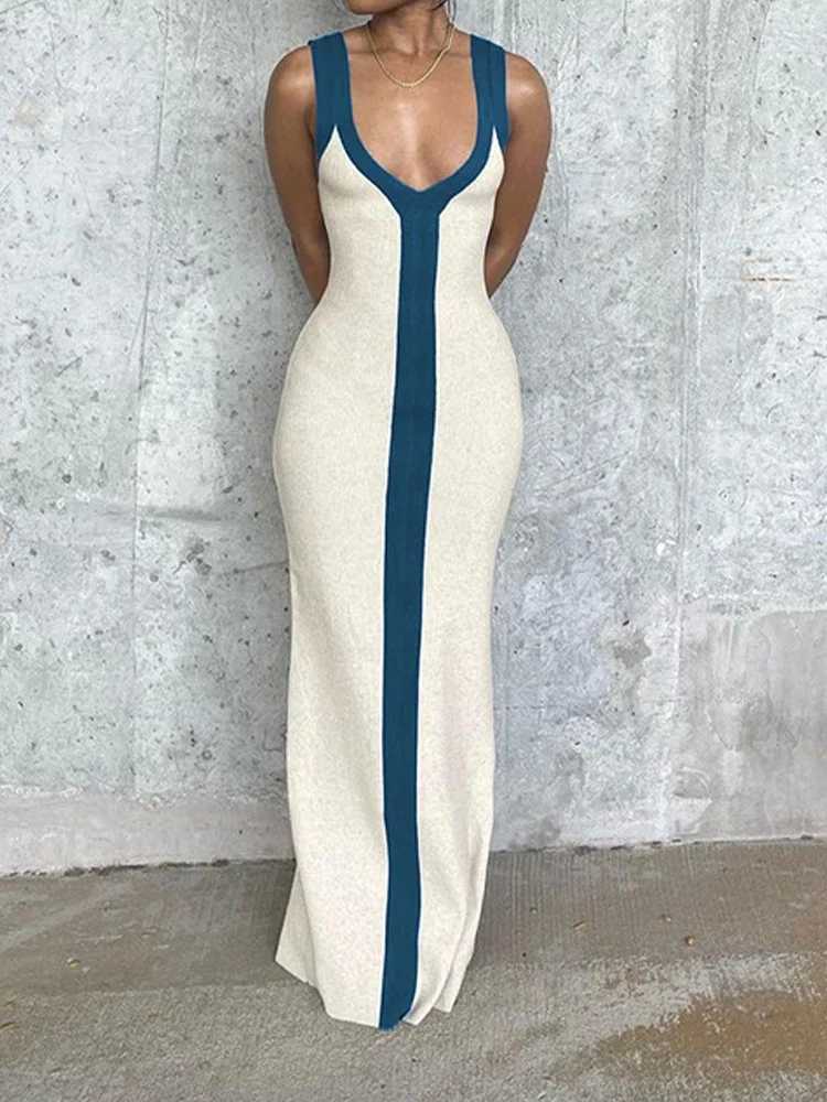 Sexy V-neck Contrast Color Off-shoulder Sleeveless Striped Wide Sling Split Hem Long Dress Temperament Party Club Casual ClothesXJ250514