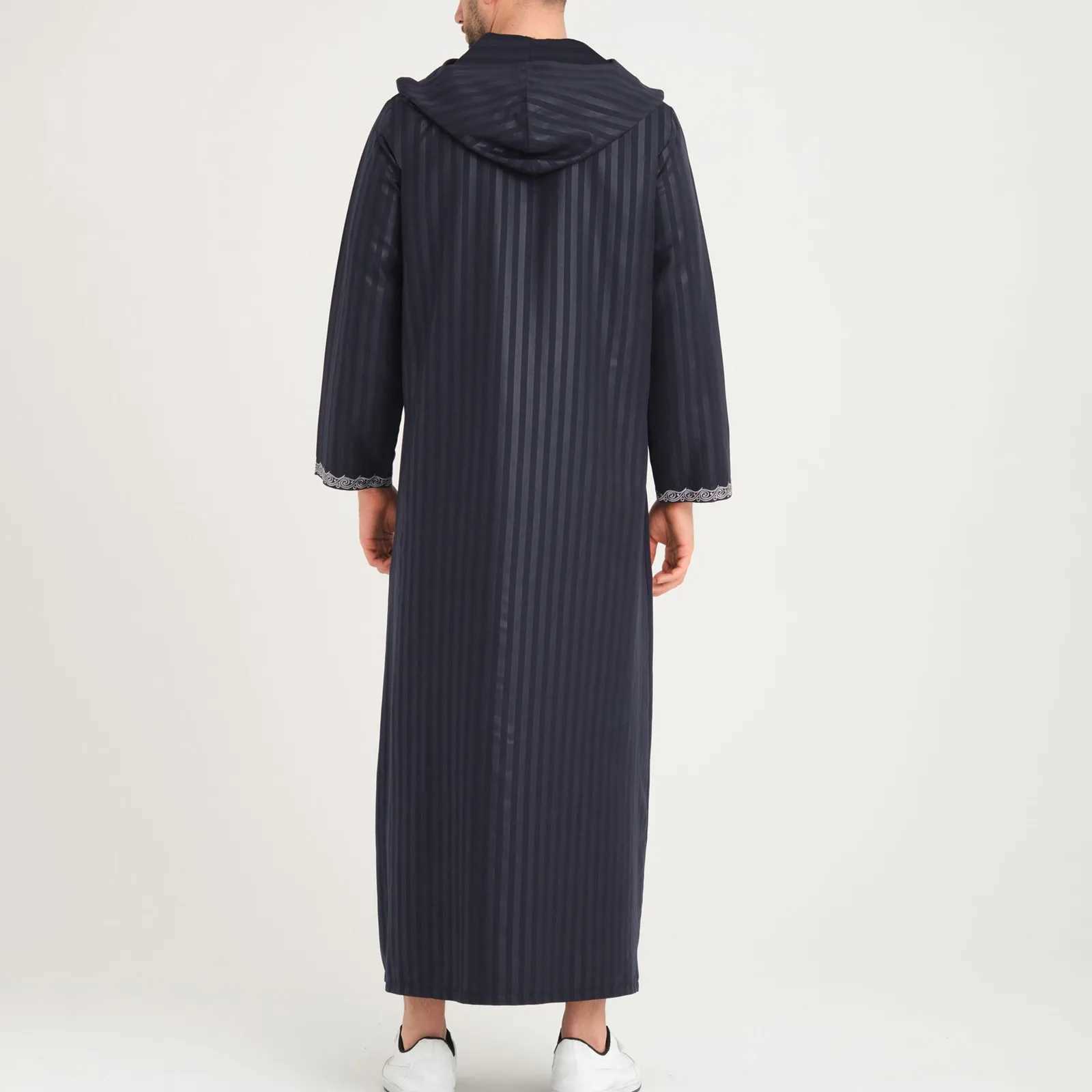 2025 Stripe Hooded Djellaba For Men Kaftan With Pockets Muslim MenS Thobe Morocco Thobes Islamic Clothing Robe Abaya X250514