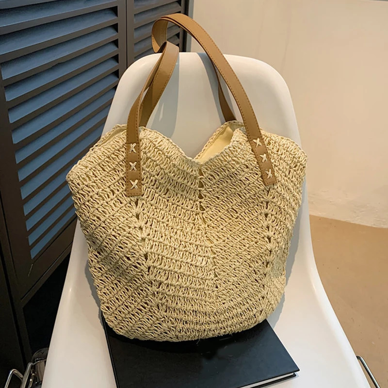 Summer Straw Bags for Women Shoulder Rattan Woven Top Handle Bag Hollow Raffia Crochet Beach Casual Handbags 250514
