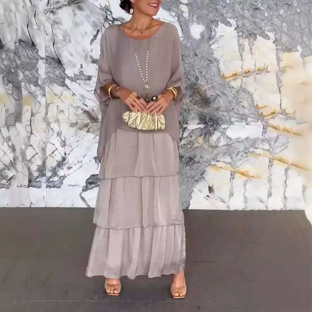 Women Clothes Dress Fashion New Chiffon Mesh Bat Sleeves Round Neck Long Dress KQ