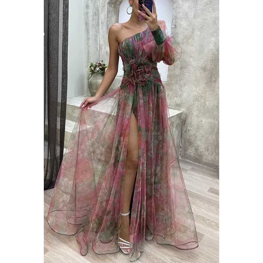 Womens New Party Mesh Sloping Shoulder Dress Casual Fashion Sexy High Waist Long Maxi Loose DressXJ250514