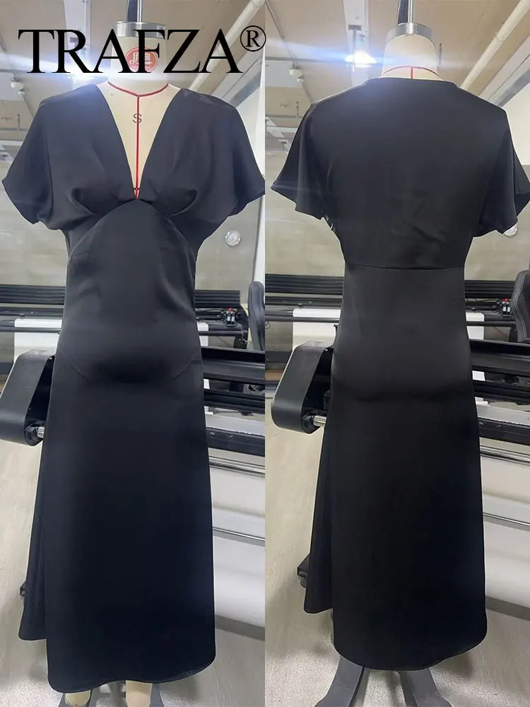 TRAFZA Female Vintage Summer Dress Women Satin Short Sleeves Solid VNeck Pleated Straight Pajama Style Elegant Long Vestidos 250514