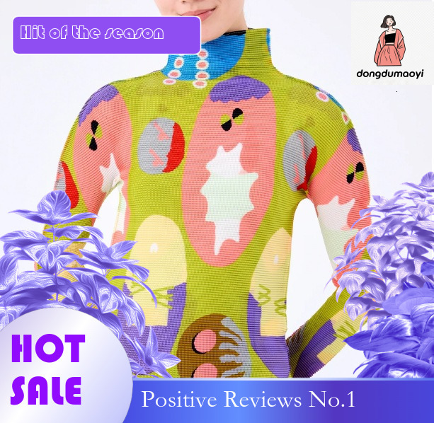 dongdumaoyi Miyake Half High Collar Bottom Shirt for Women 2025 New Style Spring and Autumn Winter Inner Fold Slimming Long Sleeve Thin Printed Top