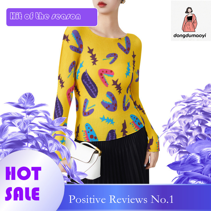 dongdumaoyi Miyake women's round neck long sleeved 2024 early spring pleated new slim fit thin T-shirt base shirt for women
