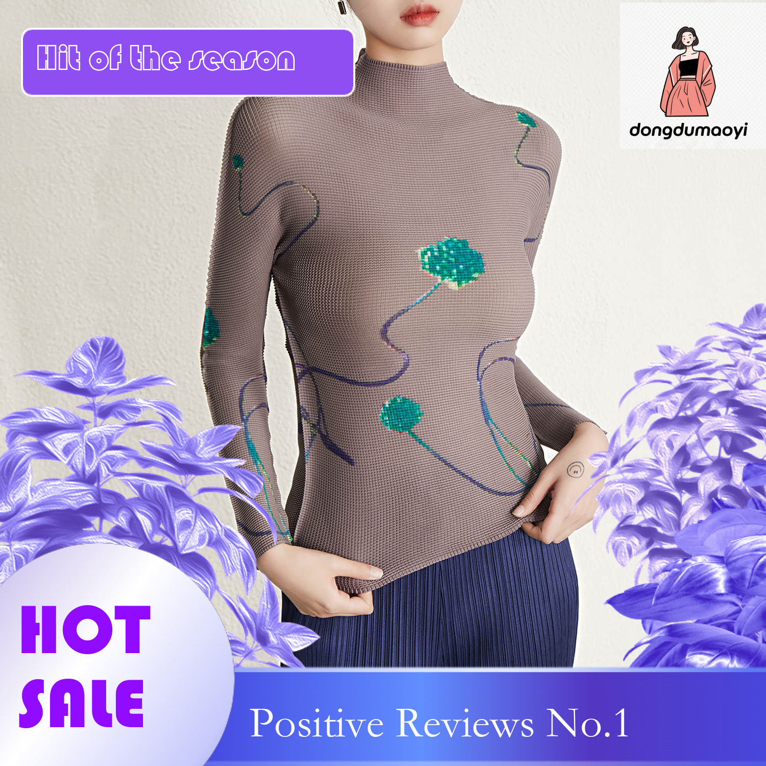 dongdumaoyi Autumn winter new design pleated printed long sleeved top T-shirt for women's three bedroom semi high neck slim fit and slimming base