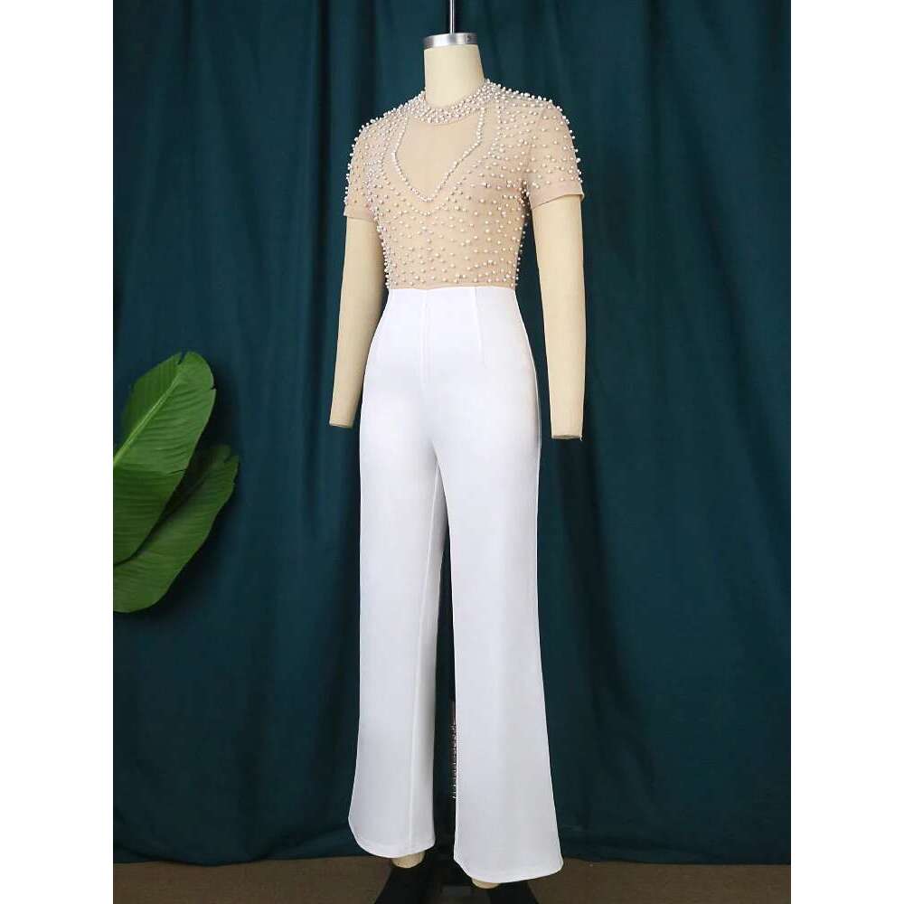 Plus Size Jumpsuits for Women See Through Beading Long Sleeve Beige Black Empire Wide Leg One Piece Outfits Rompers