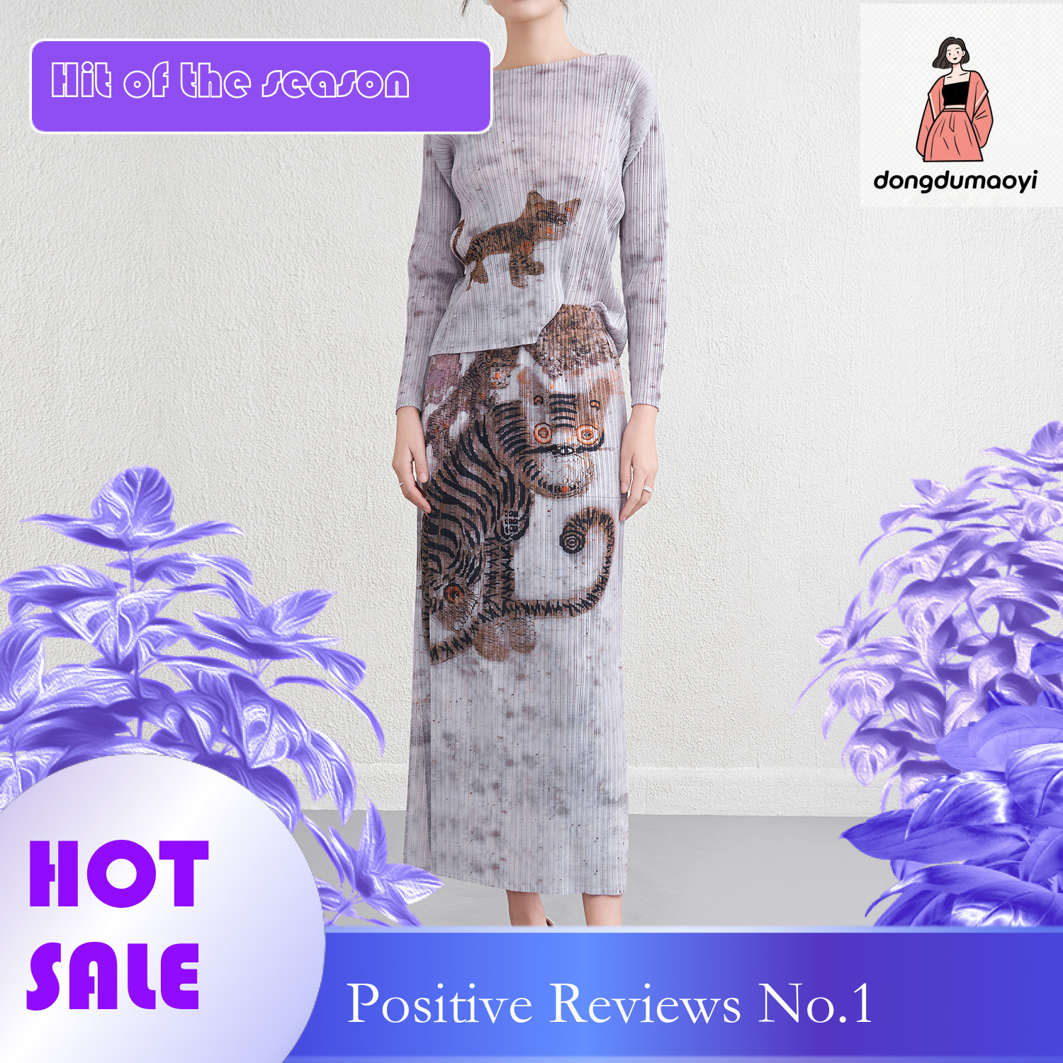 dongdumaoyi 2025 New Style Folded print slim fit and slimming round neck base shirt top printed skirt set