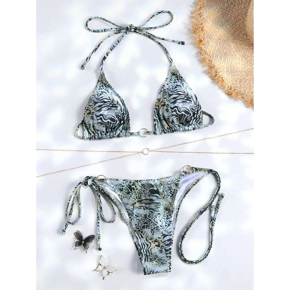 Sexy Triangle Chains Sets Micro Thongs Swimsuit Women Bathing Suit Biquini Bandage Beachwear Print Swimwear Thong Bikini