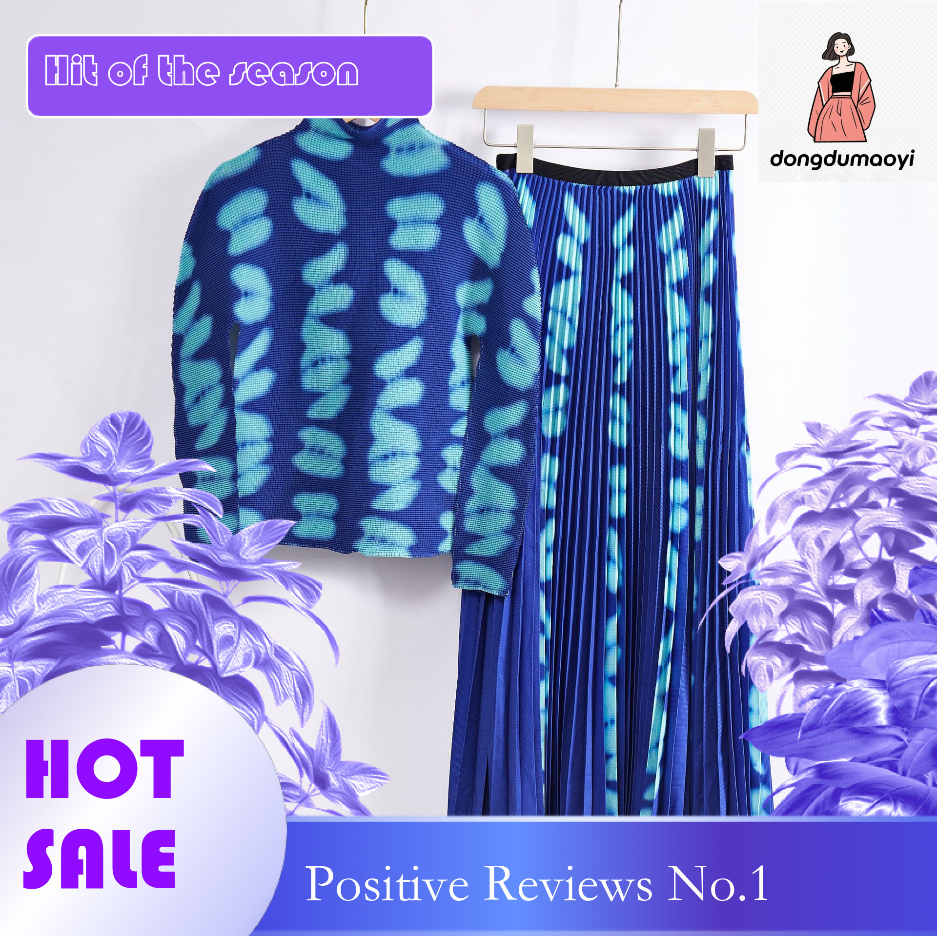 dongdumaoyi Half high collar printed base autumn outfit European small shirt two-piece slimming pleated skirt fashion set