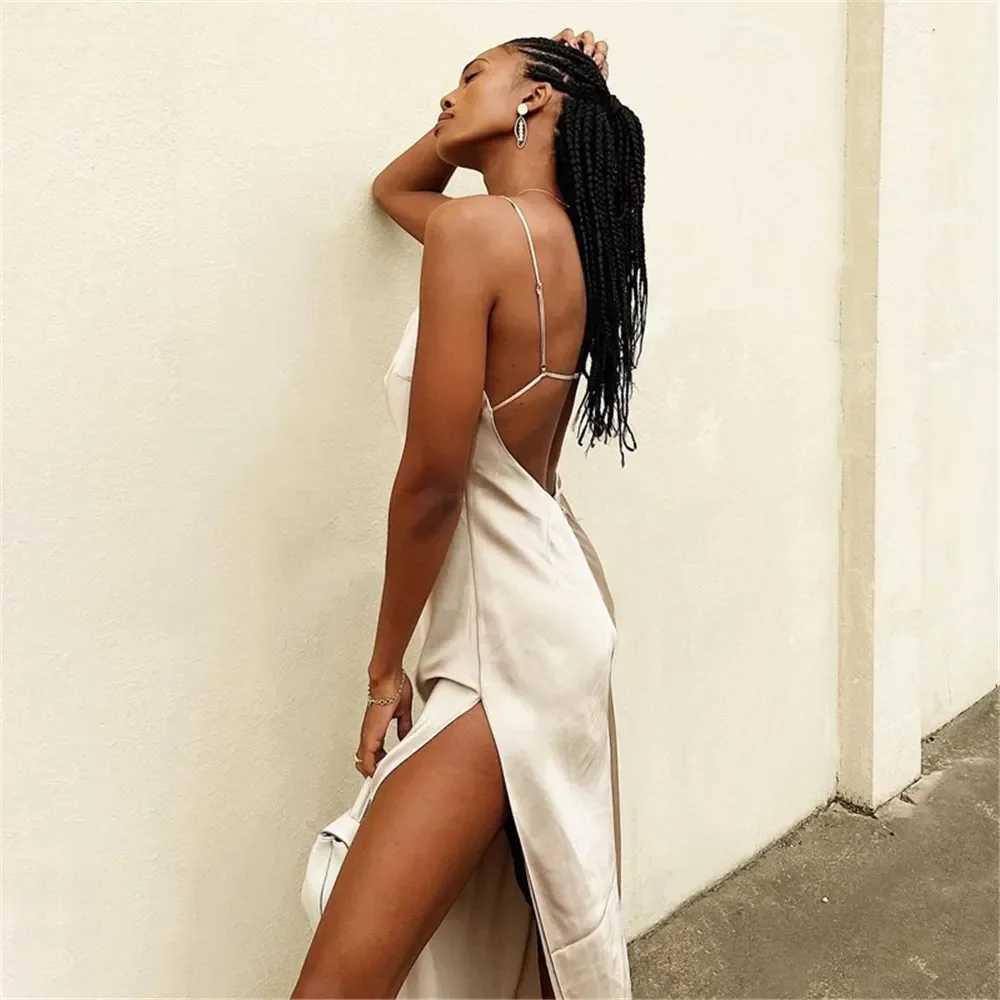 Sexy V-neck Split Dress for Women Elegant Satin Silk Spaghetti Strap Sleeveless Backless Long Dress Evening Party Club WearXJ250514