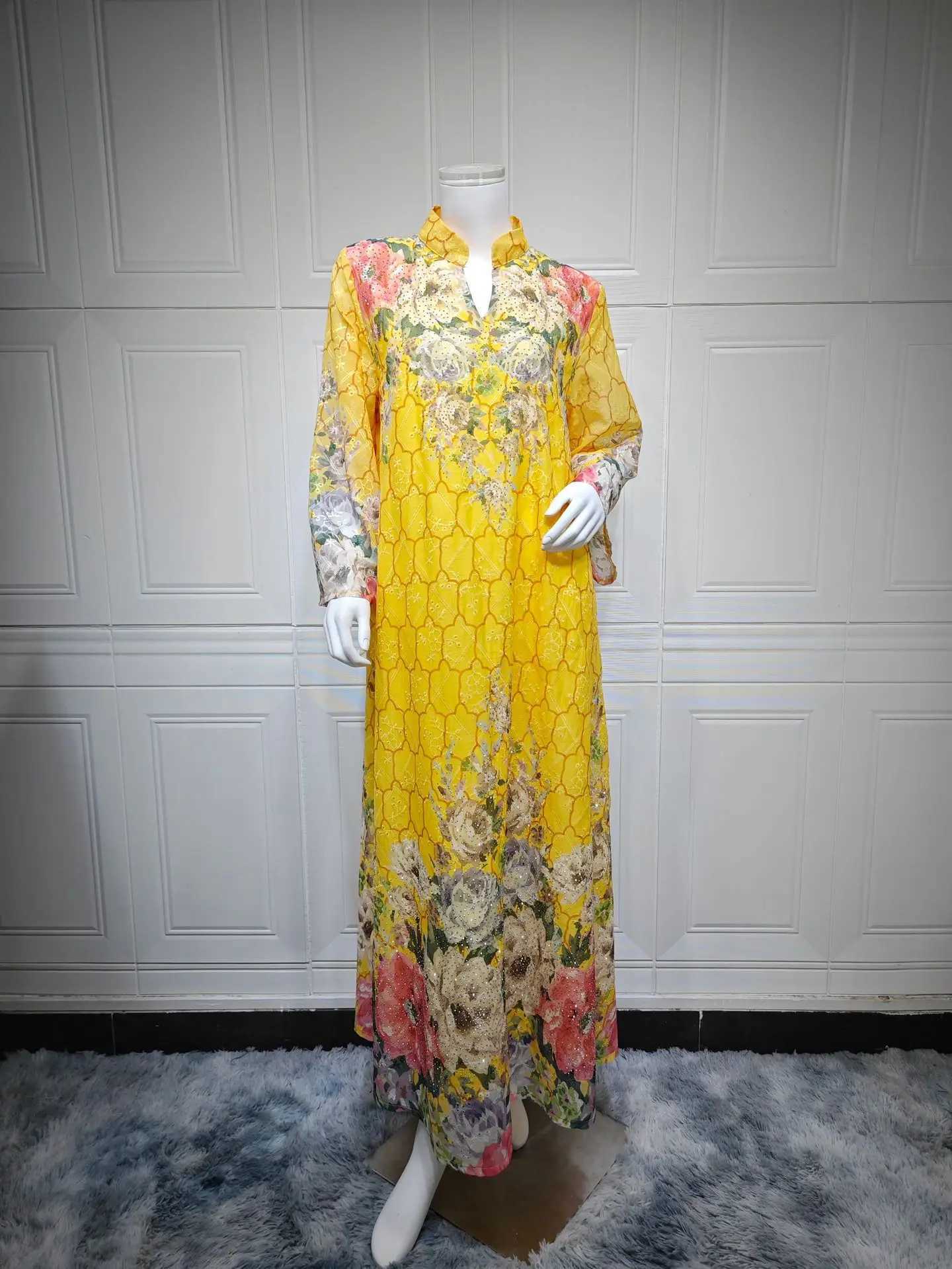 Eid Print Dress for Women Abaya Beading Party Long Dresses Muslim Caftan Robe Jalabiya Ramadan Morocco Dubai 2025 Vestido Largos X2505141