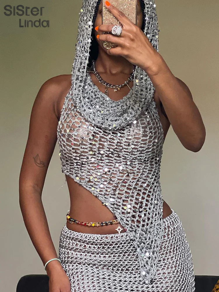 Sisterlinda Sequins Hooded Women 2piece Set Sleeveless Asymmetrical Bandage Backless Tank TopsPeach Hip Skirt Midnight Clubwear 250513