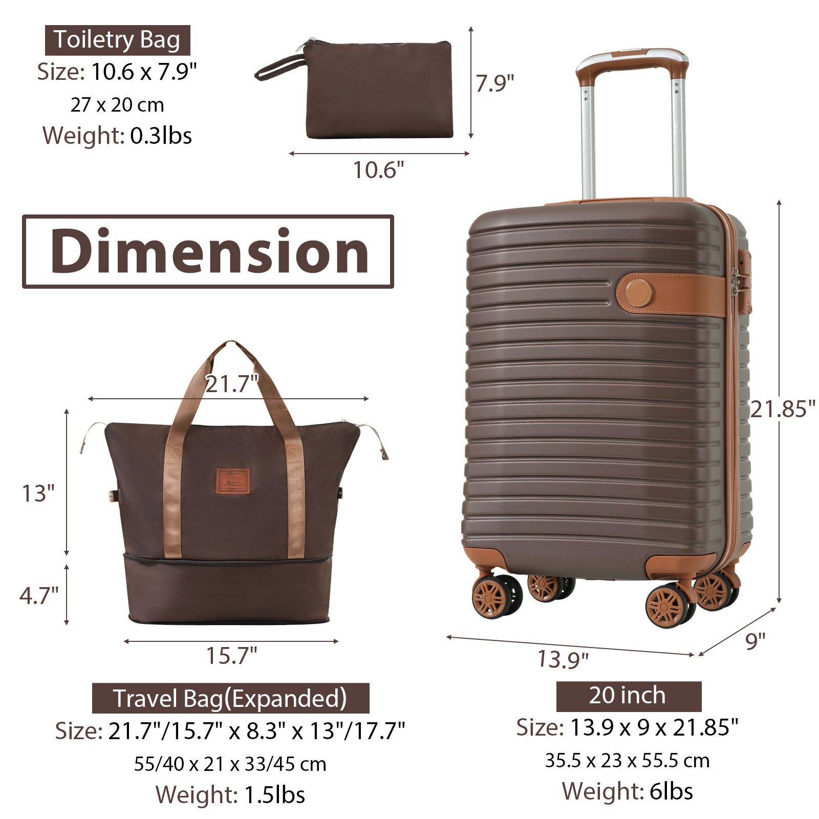 3-Piece Luggage Set: 20-Inch Carry - on Luggage, Airline Approved, Lightweight Hardshell ABS Suitcases with Wheels and TSA Lock Retractable pull rod T