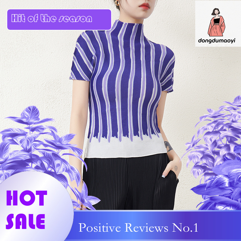 dongdumaoyi Wrinkled top women's 2024 summer new semi high neck slim fit and slimming chiffon versatile niche short sleeved T-shirt