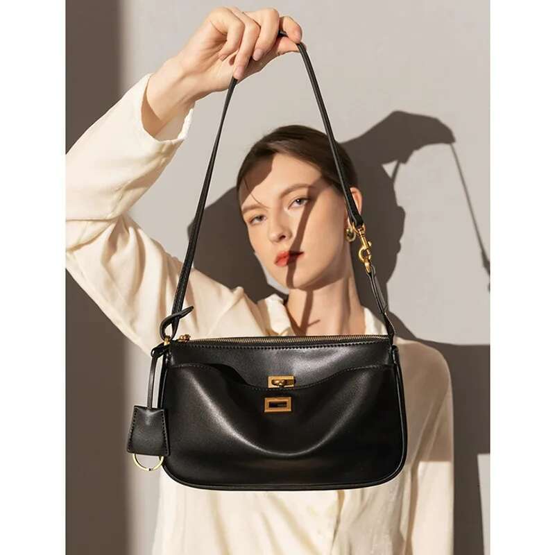 2025 Spring New Brand Rodeo Shoulder Split Leather Black Handbags Women Fashion Gold Buckle Underarm Bags