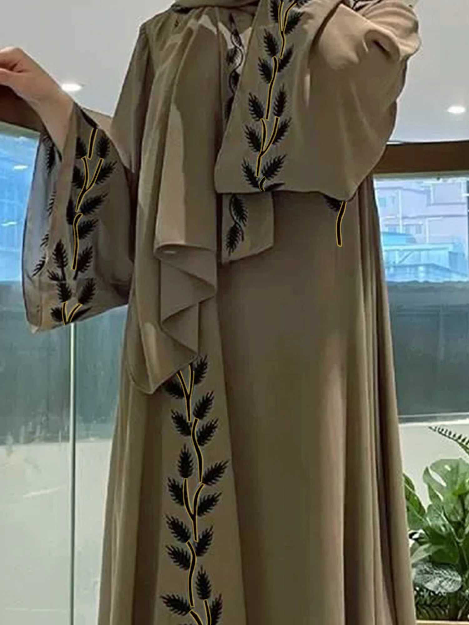 2pcs set of Middle Eastern Clothing | Women Chiffon Abaya Turkey Kaftan Muslim Long Dress Abayas Robe + Headscarf X250514
