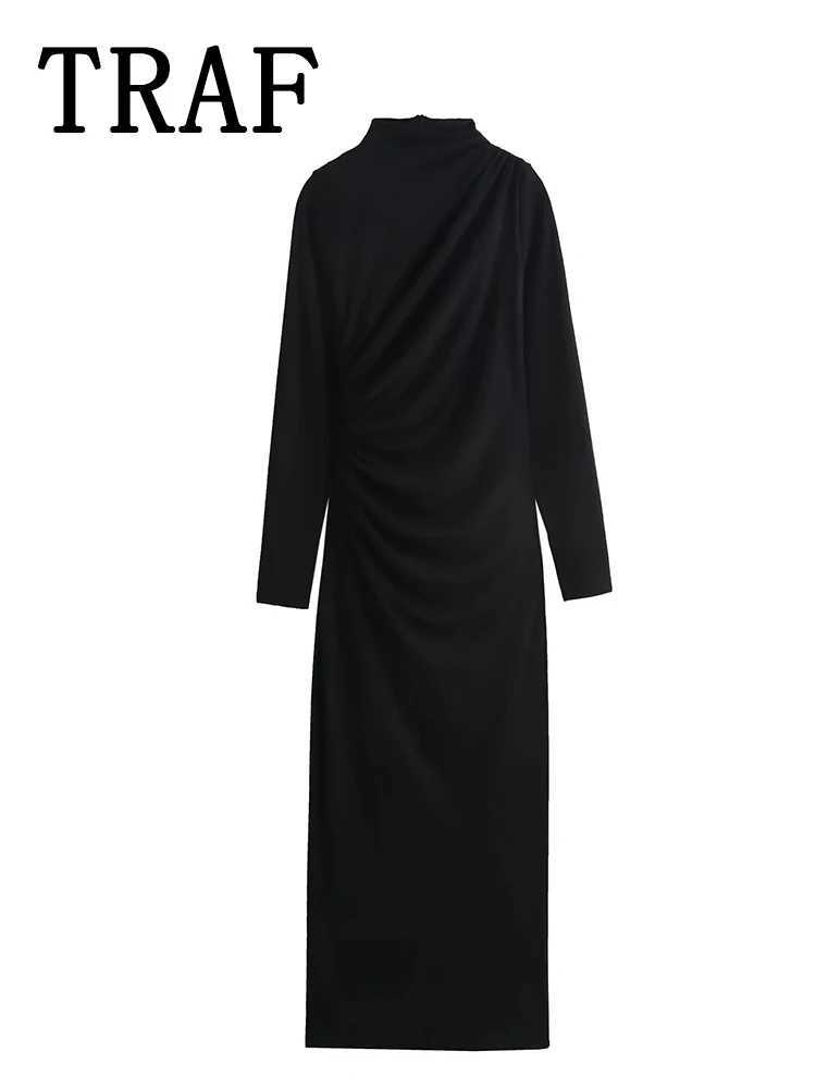 Ruched Long Dresses for Women 2025 Autumn Fashion Stand Collar Long Sleeve Midi Dress Woman Evening Party DressesXJ250514