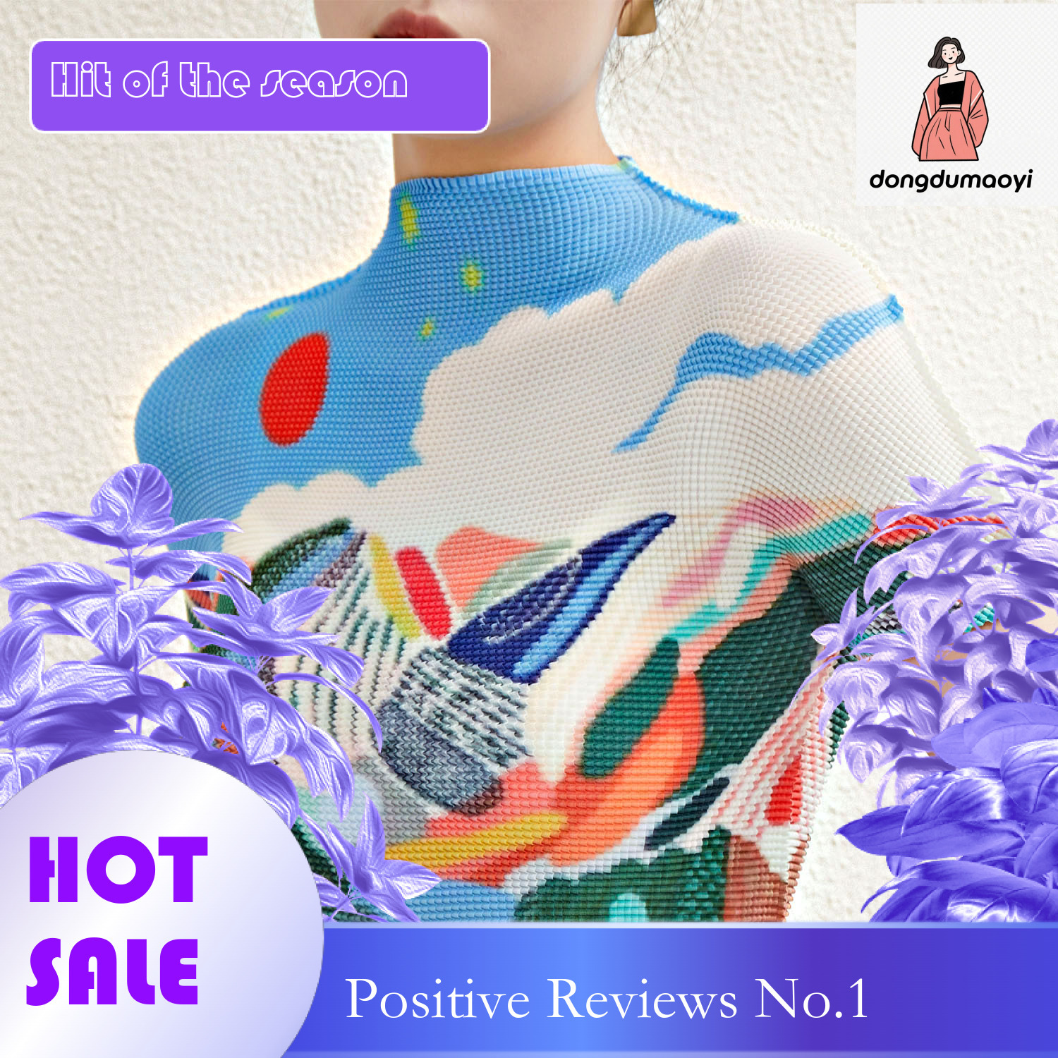 dongdumaoyi Miyake high neck for women, with a niche design elegant printed temperament. Short sleeved T-shirt versatile and slimming pleated top