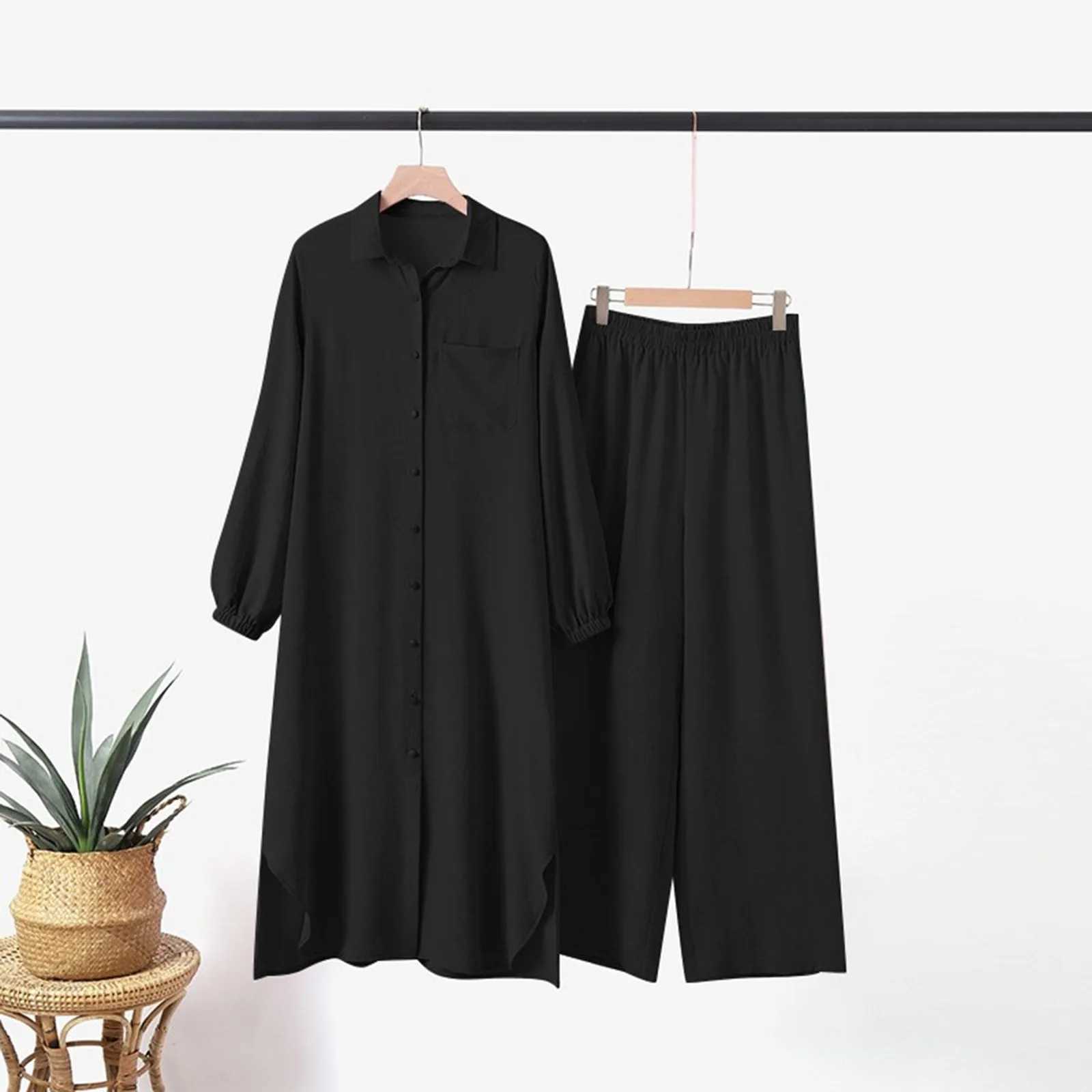 Muslim Sets Turkey Dubai Abaya Women Long Slve Buttons Up Shirt Set Causal Pants Suits Abayas For Women IsIamic Outifits X250514