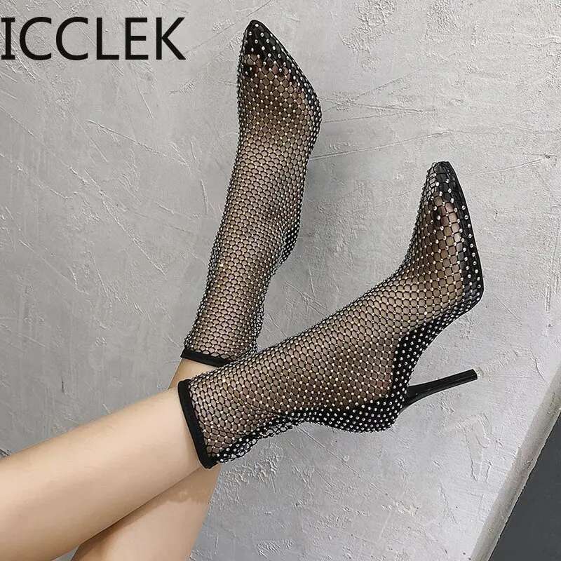 Fashion Crystal Transparent PVC Mesh Upper Ankle Boots for Women Pointed Toe High Heels Shoes Woman atos De Mujer A096
