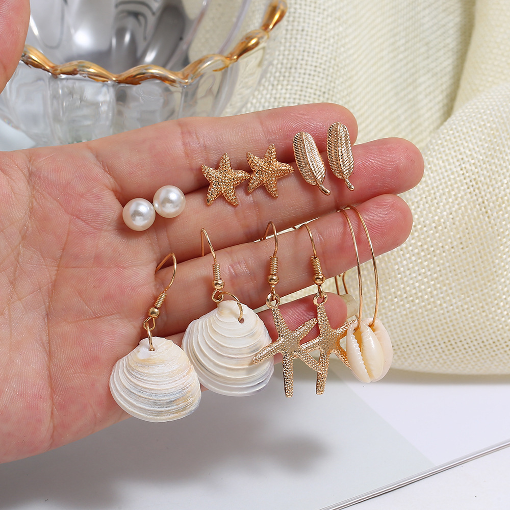 New earring accessories starfish large circle scallop star leaves pearl 6 pairs set earrings
