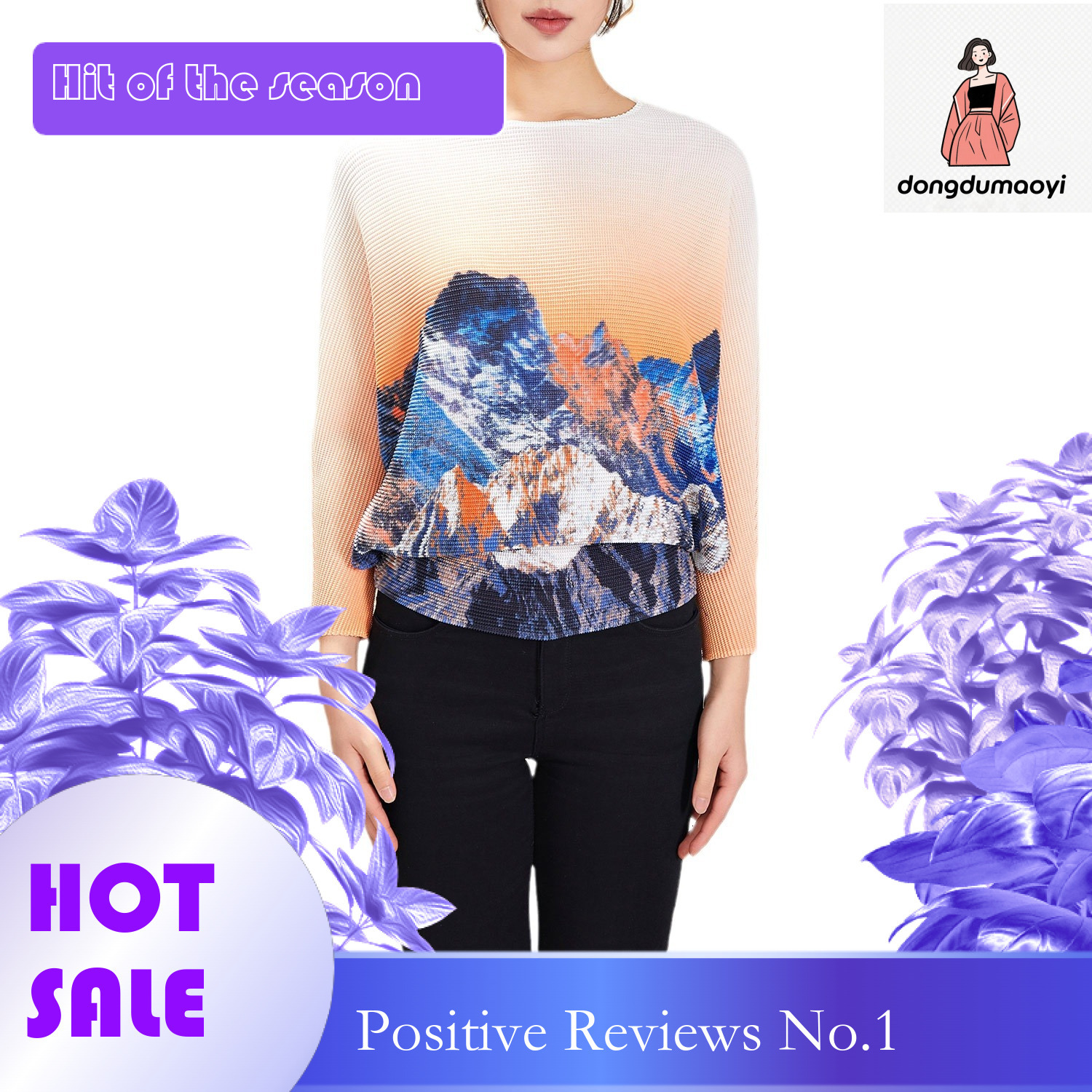 dongdumaoyi Advanced printed irregular round neck top for women in spring, slim fit, niche temperament, pleated base T-shirt
