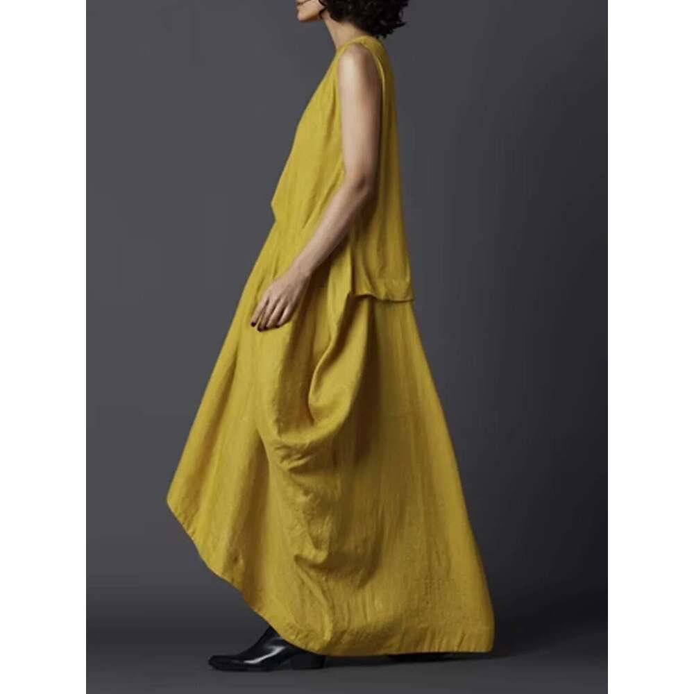 Women's Tank Pleated Pockets Vintage Asymmetric Hem Long Solid Minimalist Casual Round Neck Summer Female Dress