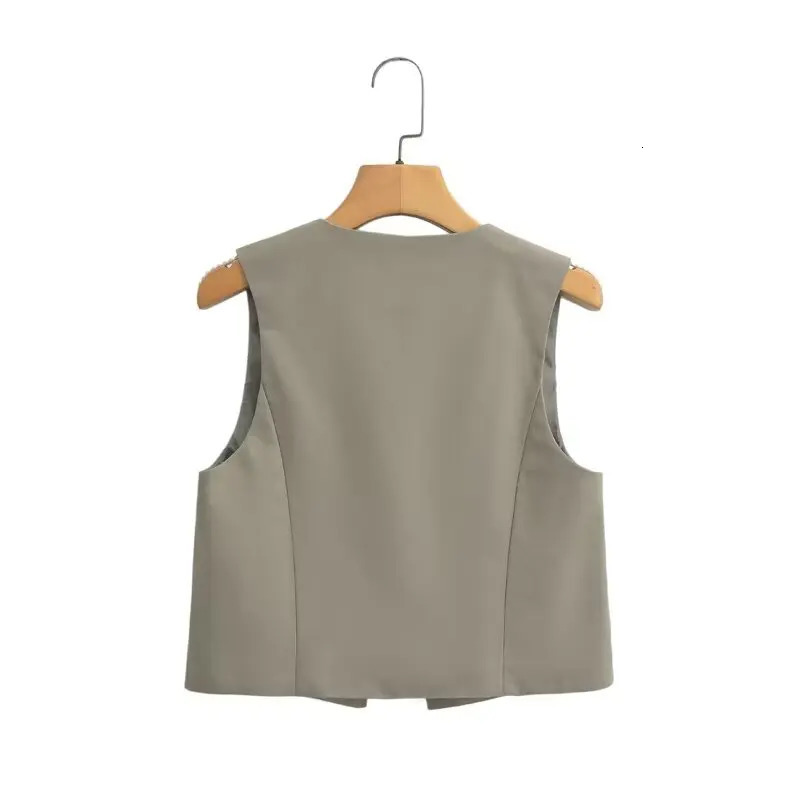 womens fashionable Vneck sleeveless bead n lace top short linen vest jacket for office casual slim fit waist CT2208 250506