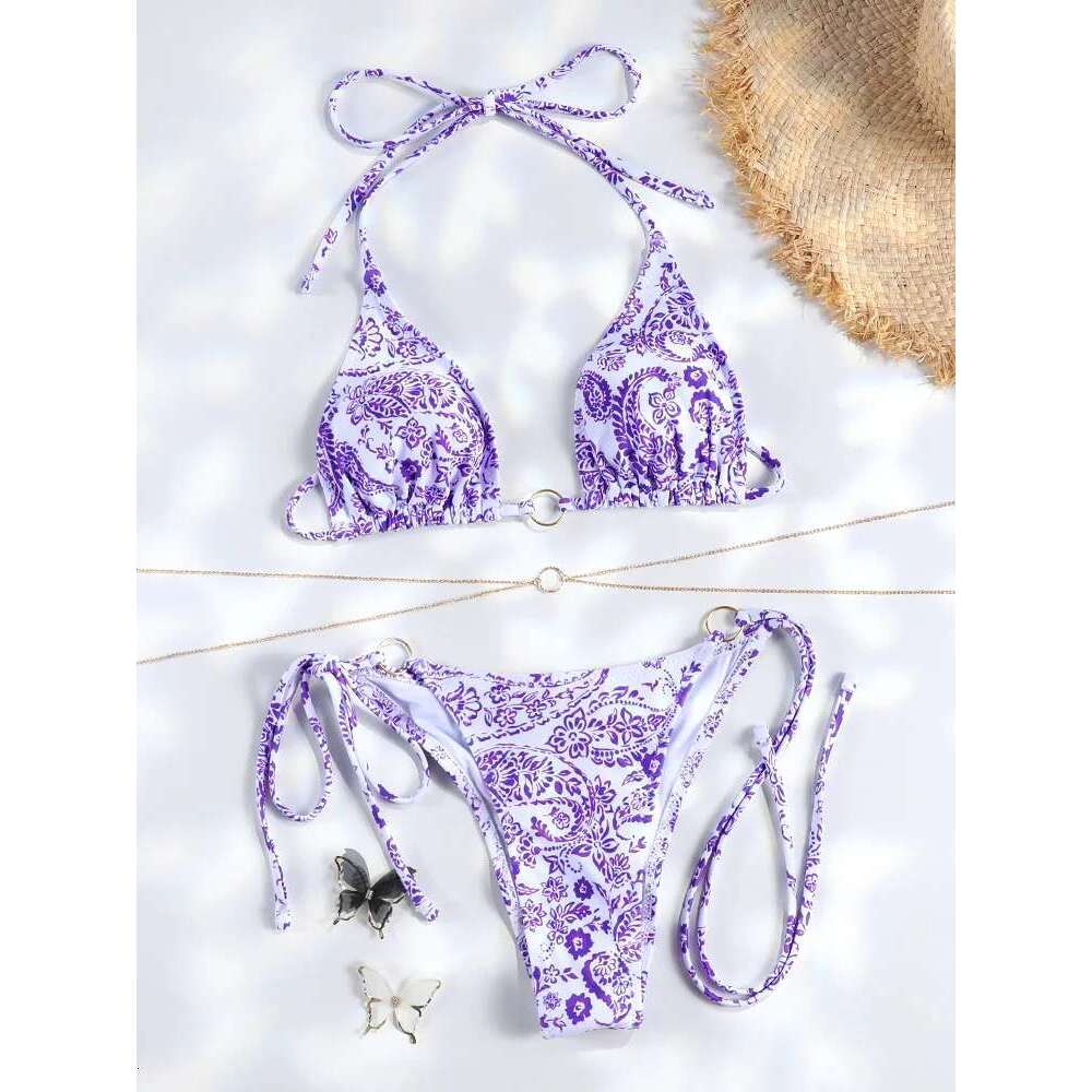 Sexy Triangle Chains Sets Micro Thongs Swimsuit Women Bathing Suit Biquini Bandage Beachwear Print Swimwear Thong Bikini